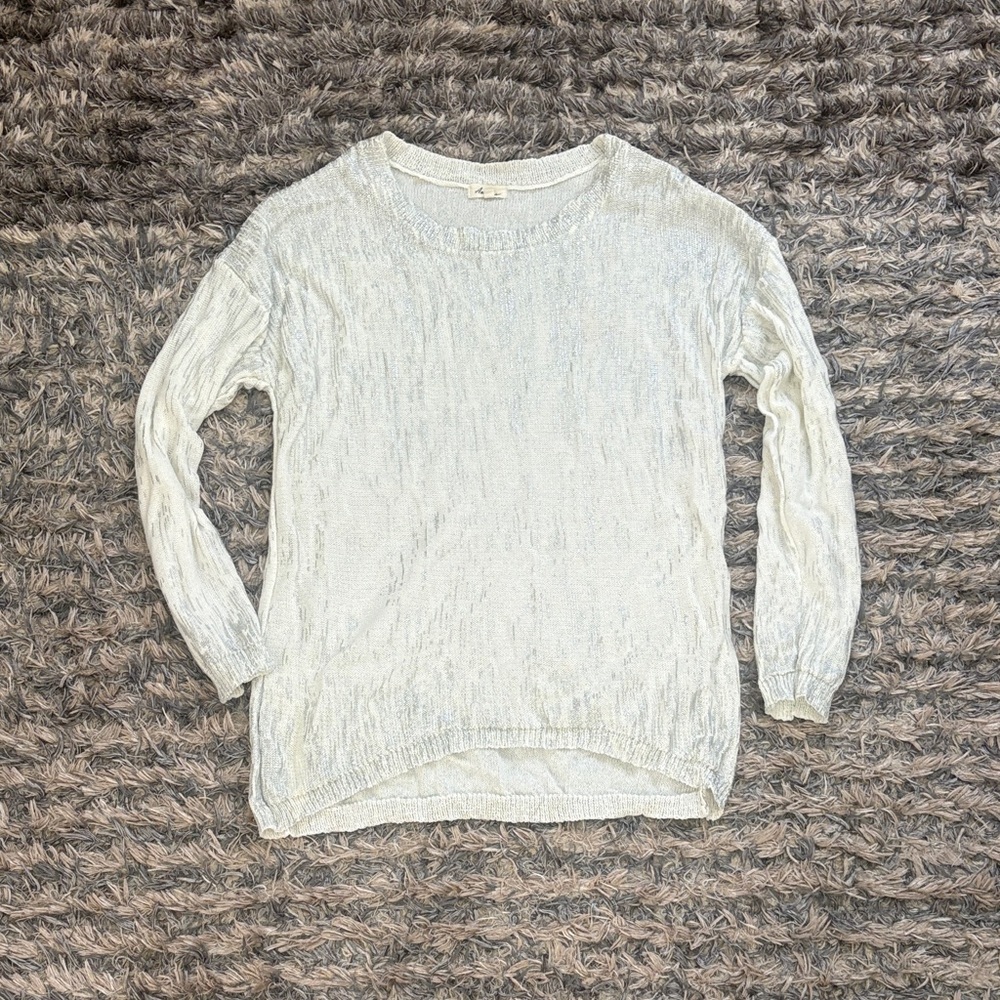 Ava Couture White with Silver Lining Crew Neck High-Low Sweater, Size M